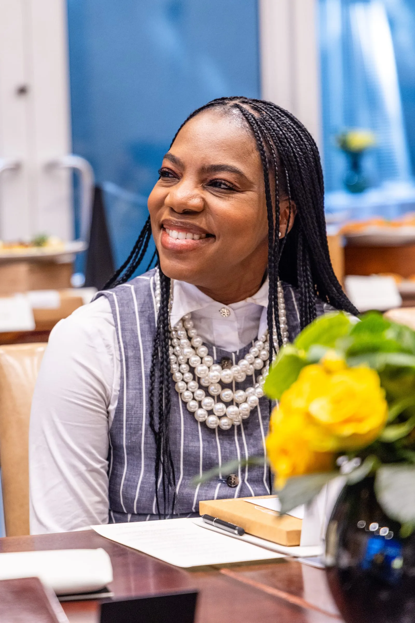 A guest smiles during the conversation